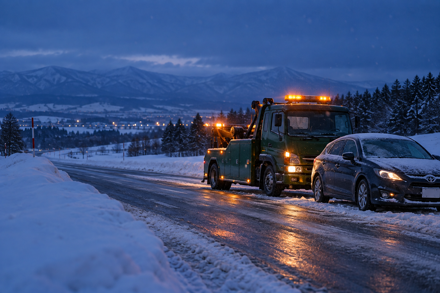 雪の夜に到着したロードサービス車両のイメージ