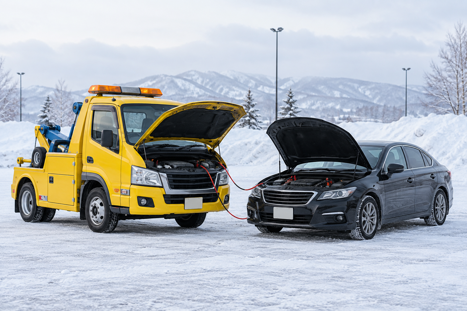 冬の駐車場で車を救援するイメージ